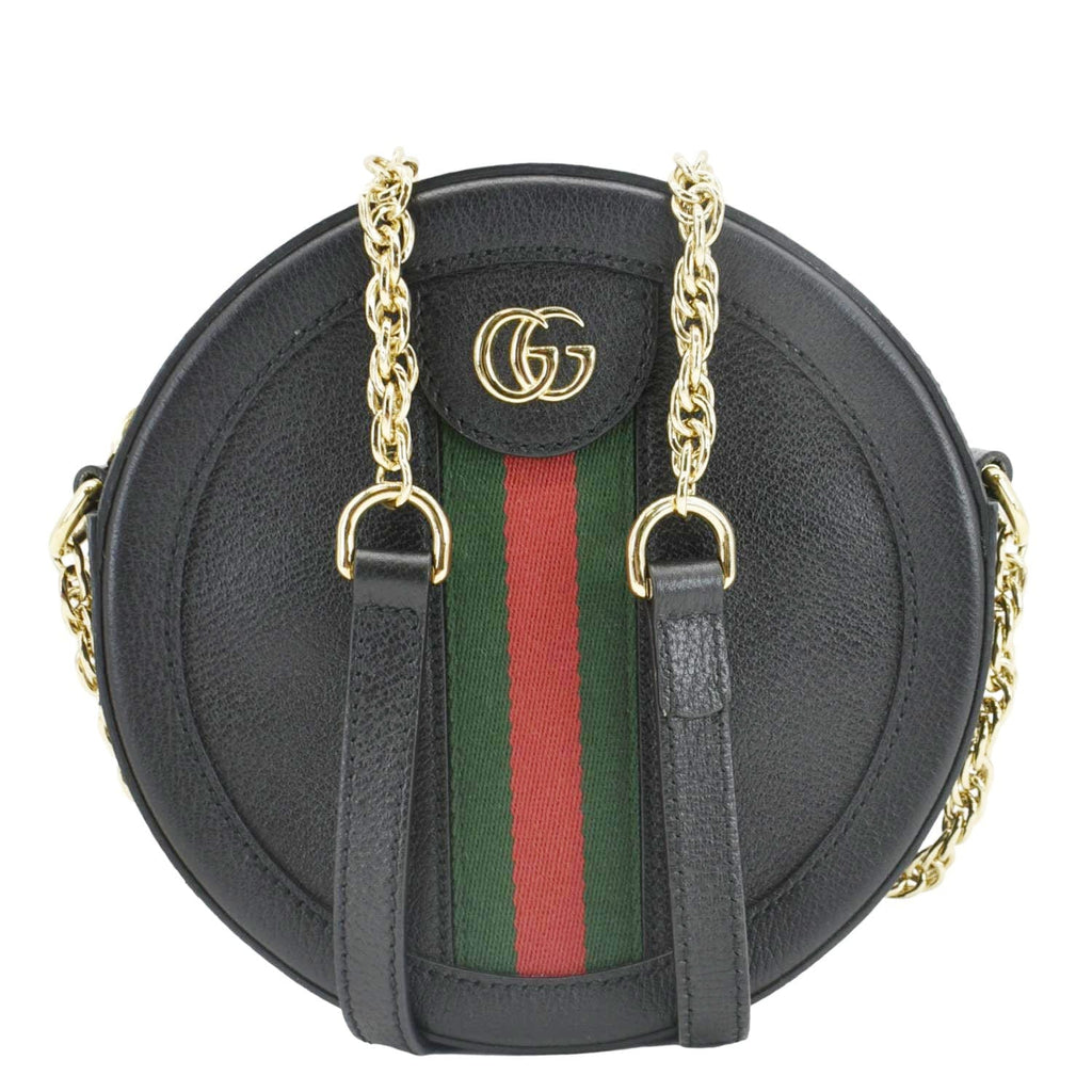 GUCCI Ophidia Mini Gucci Round Web Leather Crossbody Bag Black 550618
