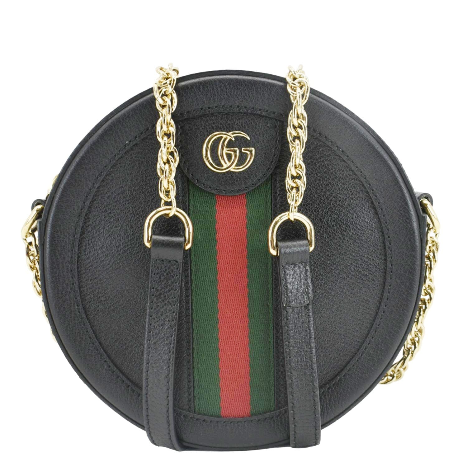 GUCCI Ophidia Mini Gucci Round Web Leather Crossbody Bag Black 550618