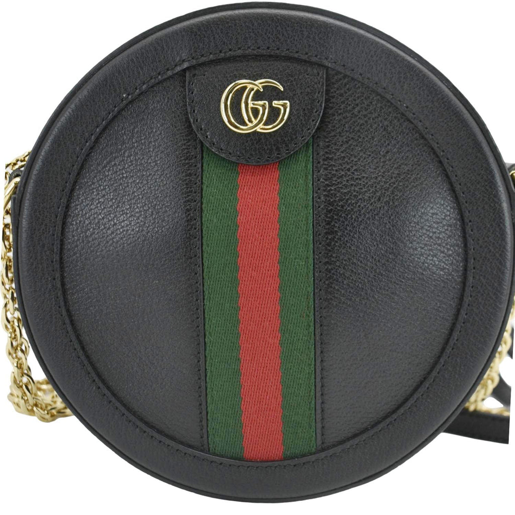 GUCCI Ophidia Mini Gucci Round Web Leather Crossbody Bag Black 550618