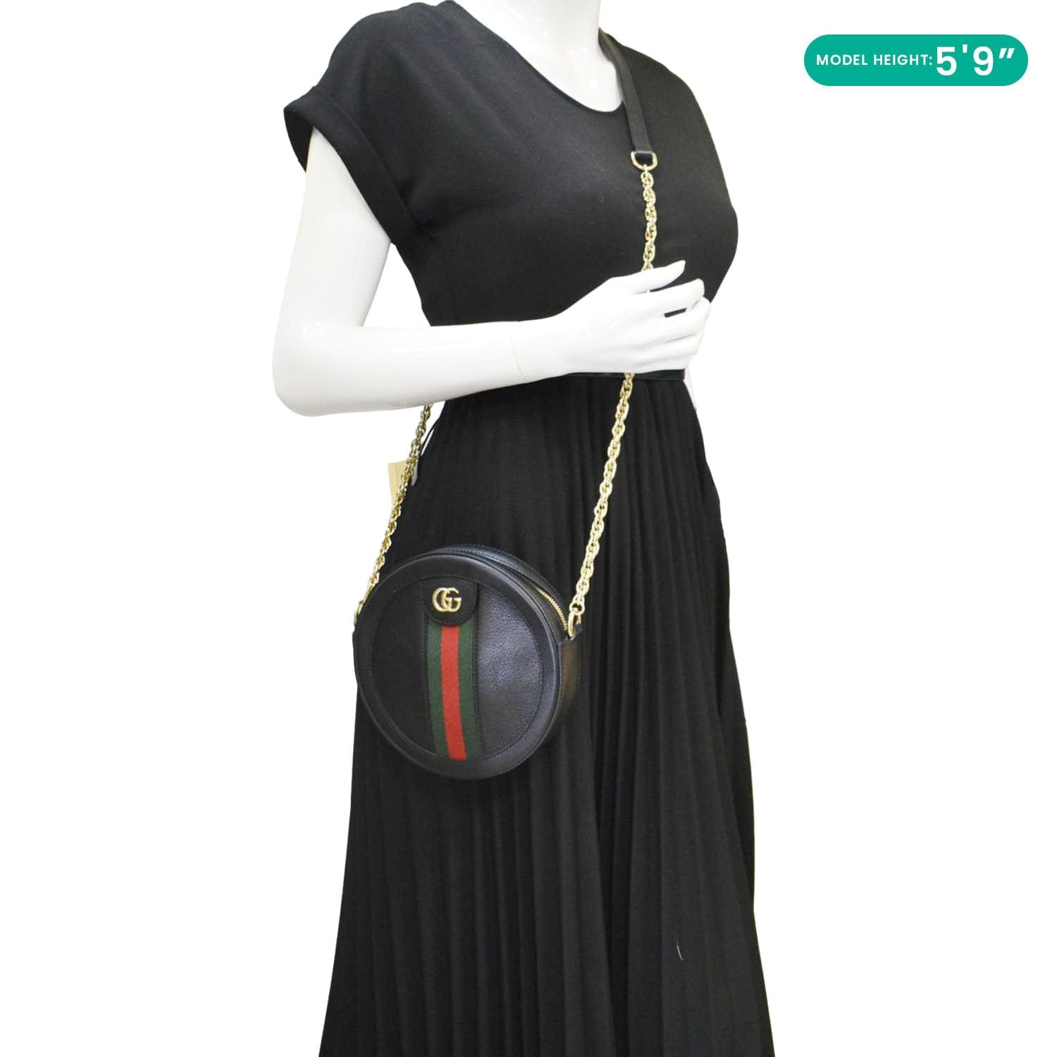 GUCCI Ophidia Mini Gucci Round Web Leather Crossbody Bag Black 550618