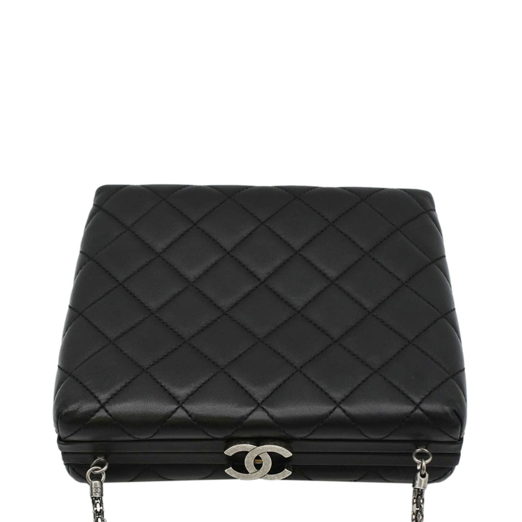 Chanel CC Kisslock Box Lambskin Leather Chain Shoulder Bag Black