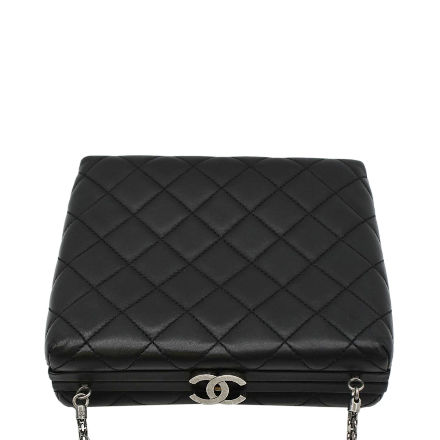Chanel CC Kisslock Box Lambskin Leather Chain Shoulder Bag Black