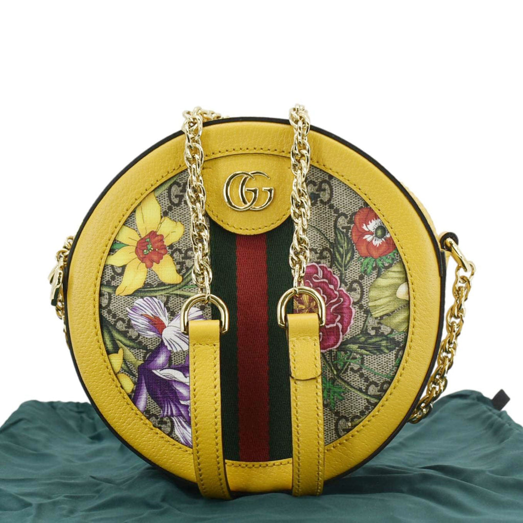 GUCCI Ophidia Mini Flora Gucci Round Supreme Monogram Web Crossbody Bag Yellow 550618