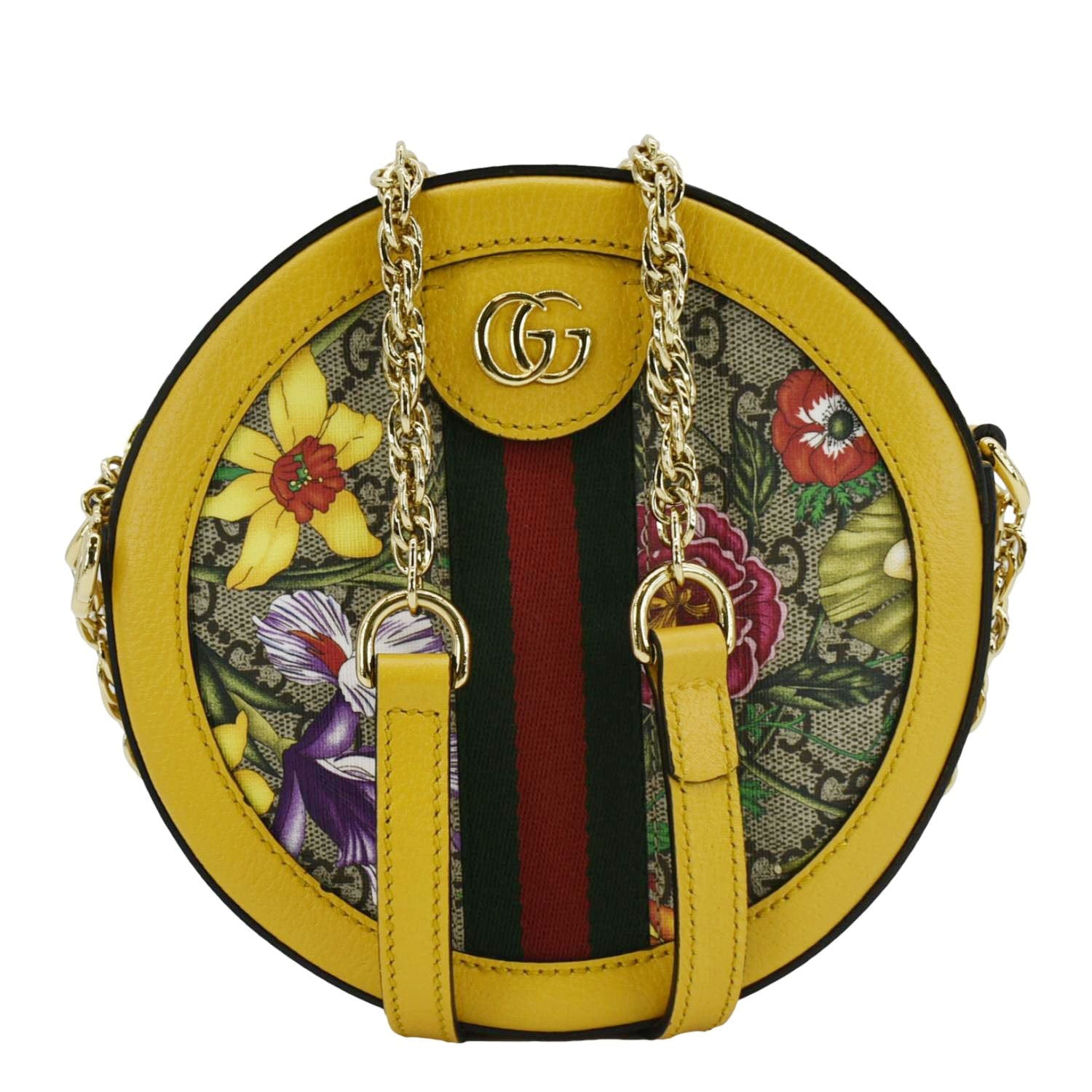 GUCCI Ophidia Mini Flora Gucci Round Supreme Monogram Web Crossbody Bag Yellow 550618