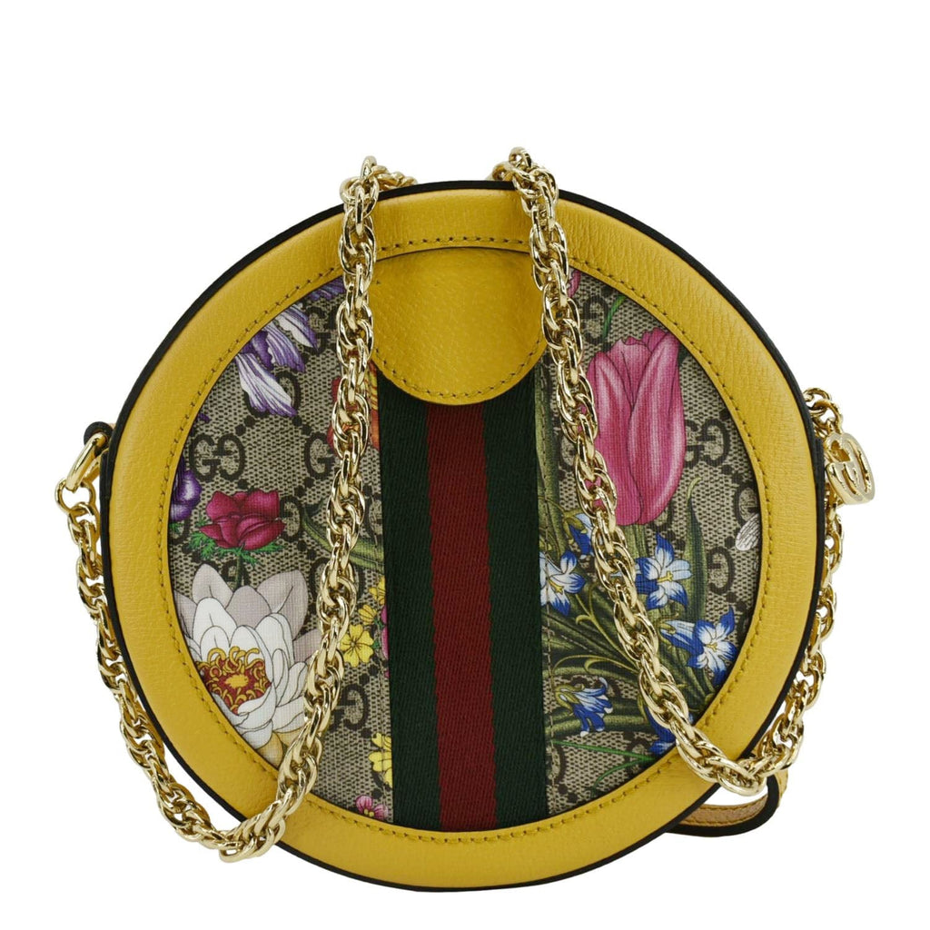 GUCCI Ophidia Mini Flora Gucci Round Supreme Monogram Web Crossbody Bag Yellow 550618