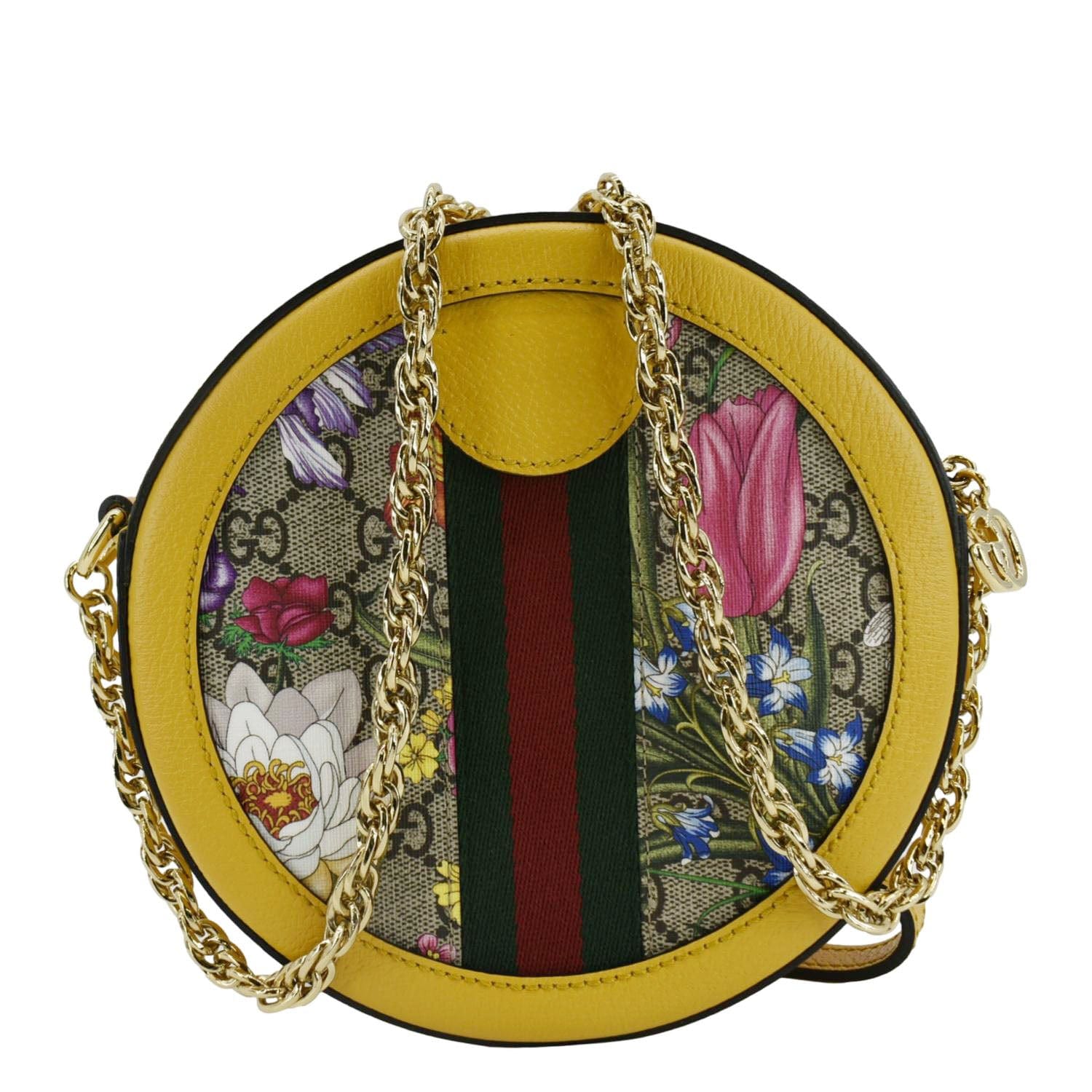 GUCCI Ophidia Mini Flora Gucci Round Supreme Monogram Web Crossbody Bag Yellow 550618