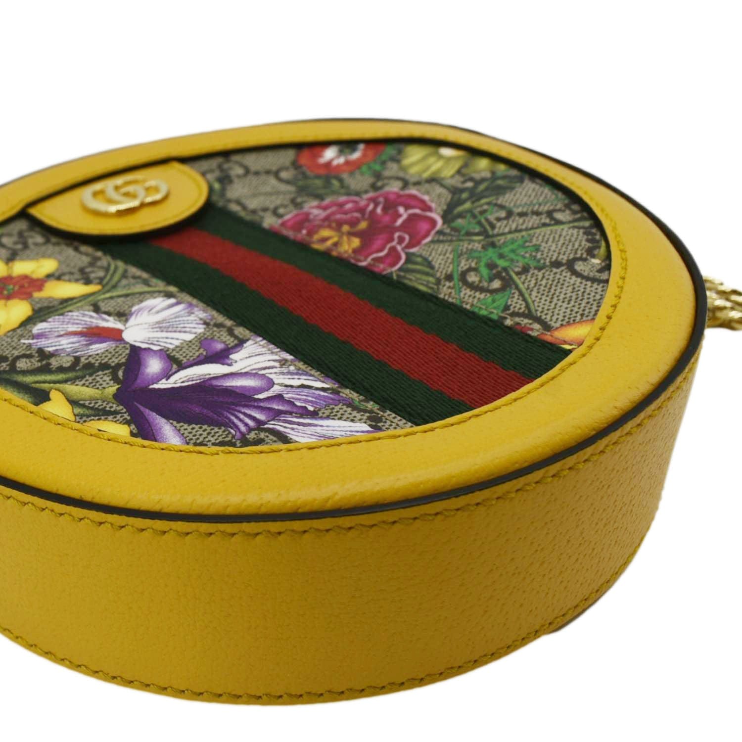 GUCCI Ophidia Mini Flora Gucci Round Supreme Monogram Web Crossbody Bag Yellow 550618