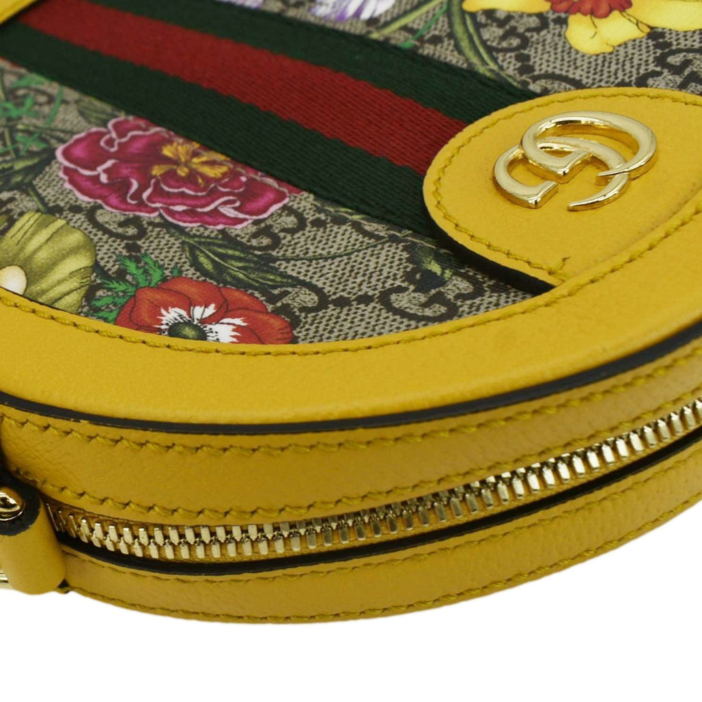 GUCCI Ophidia Mini Flora Gucci Round Supreme Monogram Web Crossbody Bag Yellow 550618
