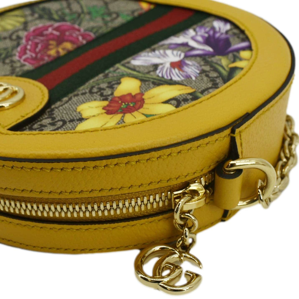 GUCCI Ophidia Mini Flora Gucci Round Supreme Monogram Web Crossbody Bag Yellow 550618