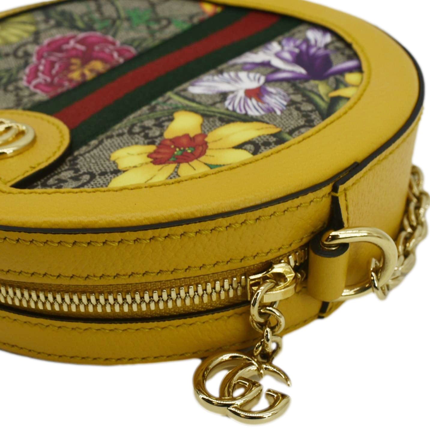 GUCCI Ophidia Mini Flora Gucci Round Supreme Monogram Web Crossbody Bag Yellow 550618