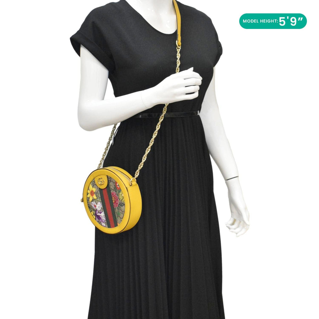 GUCCI Ophidia Mini Flora Gucci Round Supreme Monogram Web Crossbody Bag Yellow 550618