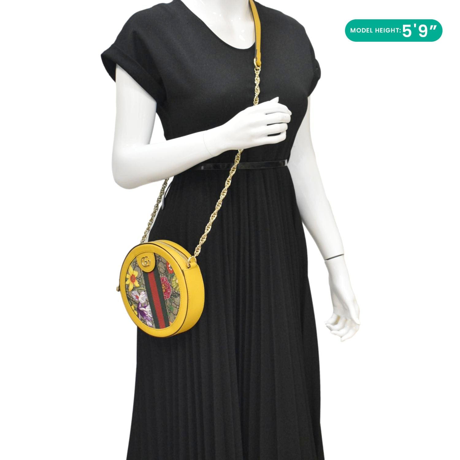 GUCCI Ophidia Mini Flora Gucci Round Supreme Monogram Web Crossbody Bag Yellow 550618