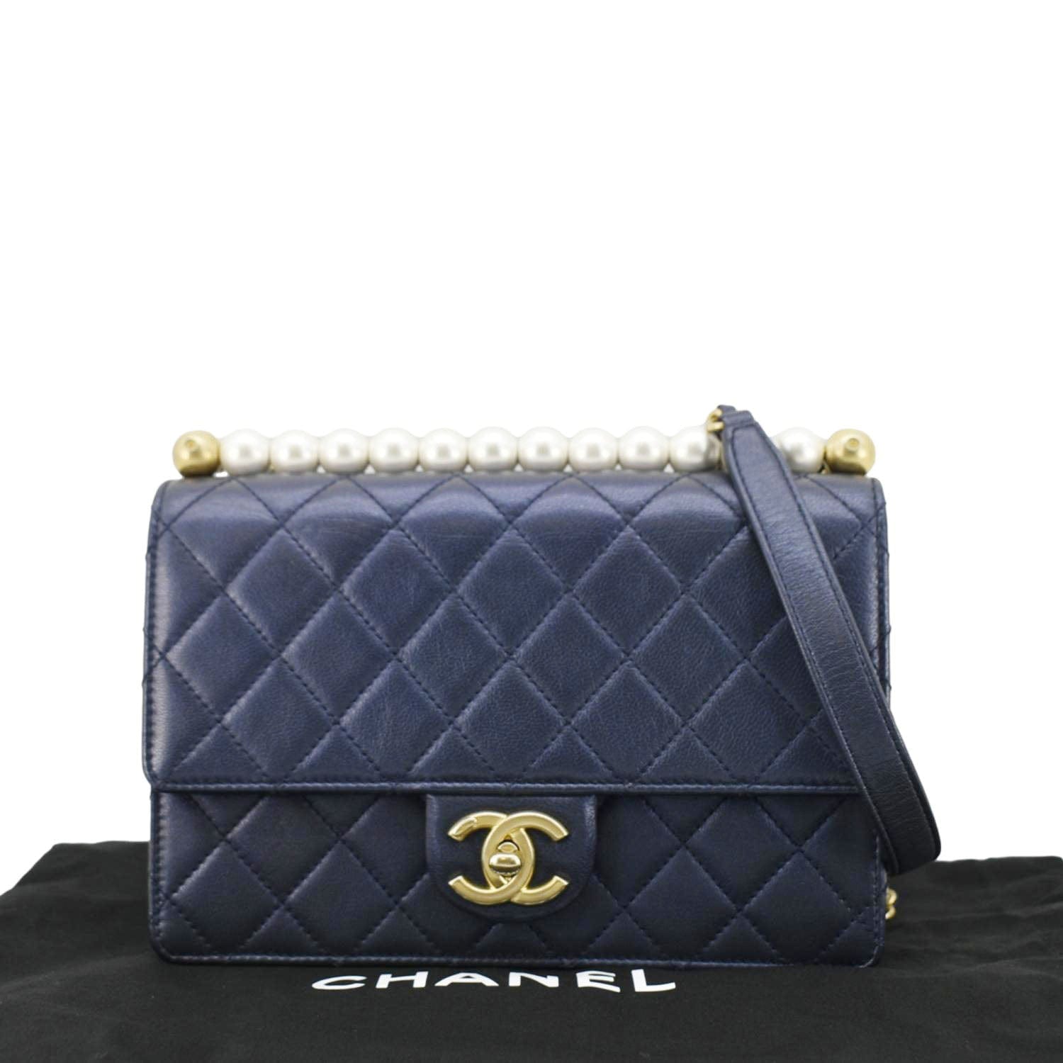 Chanel Chic Pearls Flap Small Quilted Leather Shoulder Bag Navy Blue