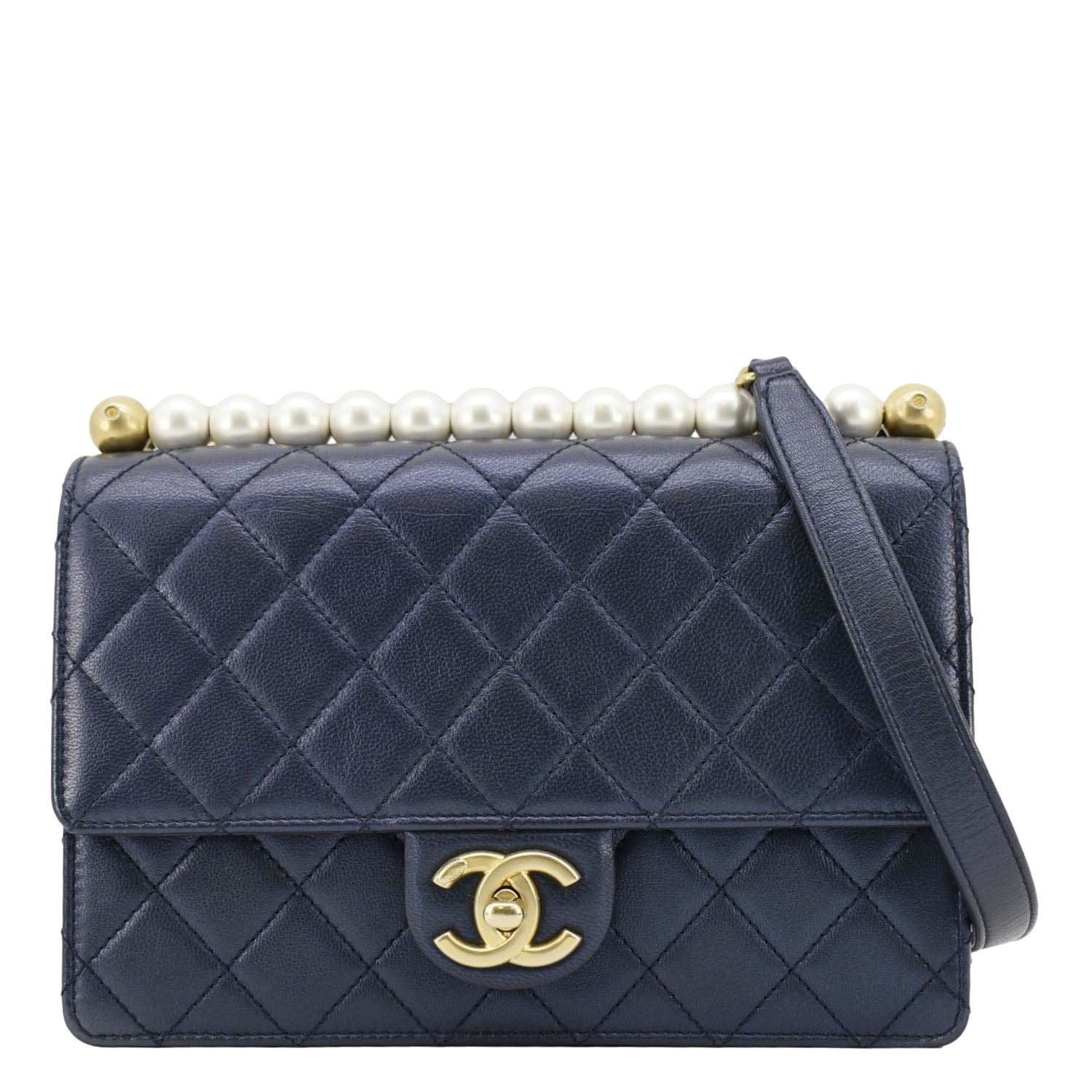 Chanel Chic Pearls Flap Small Quilted Leather Shoulder Bag Navy Blue