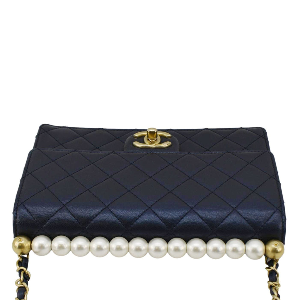 Chanel Chic Pearls Flap Small Quilted Leather Shoulder Bag Navy Blue