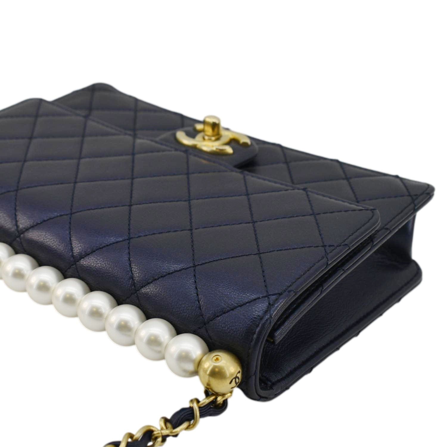 Chanel Chic Pearls Flap Small Quilted Leather Shoulder Bag Navy Blue