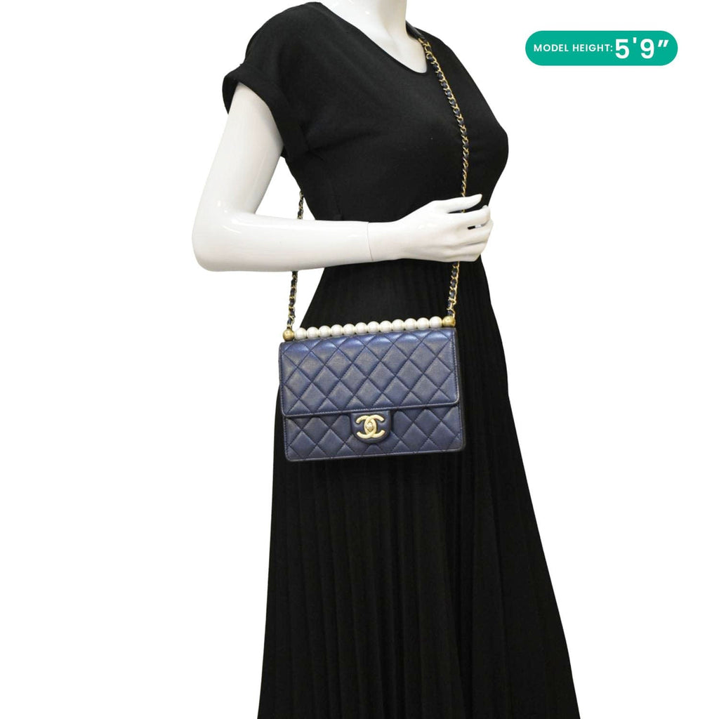 Chanel Chic Pearls Flap Small Quilted Leather Shoulder Bag Navy Blue
