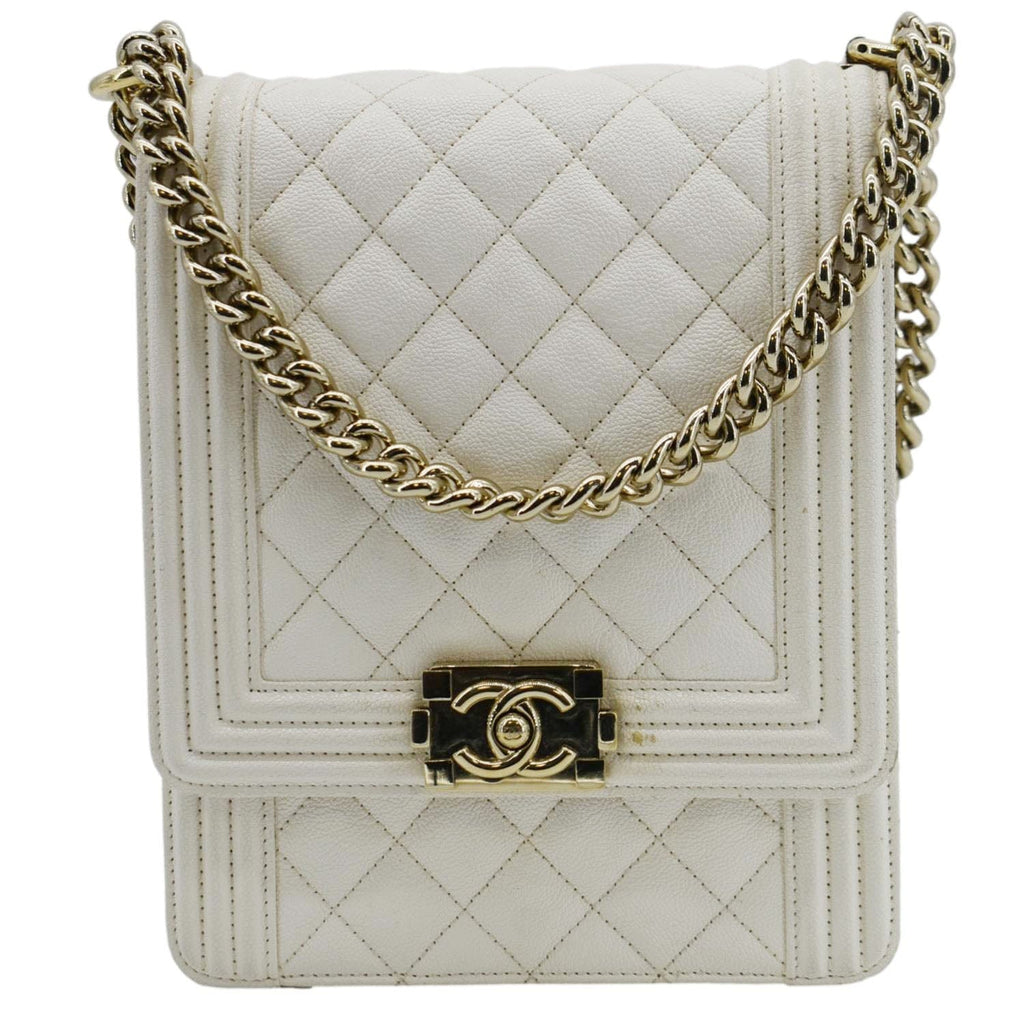 Chanel North South Boy Quilted  Leather Crossbody Bag White