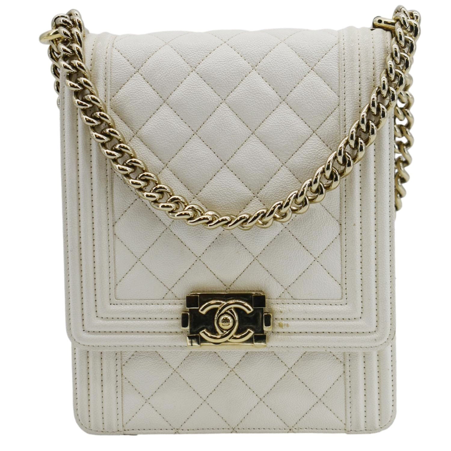 Chanel North South Boy Quilted  Leather Crossbody Bag White