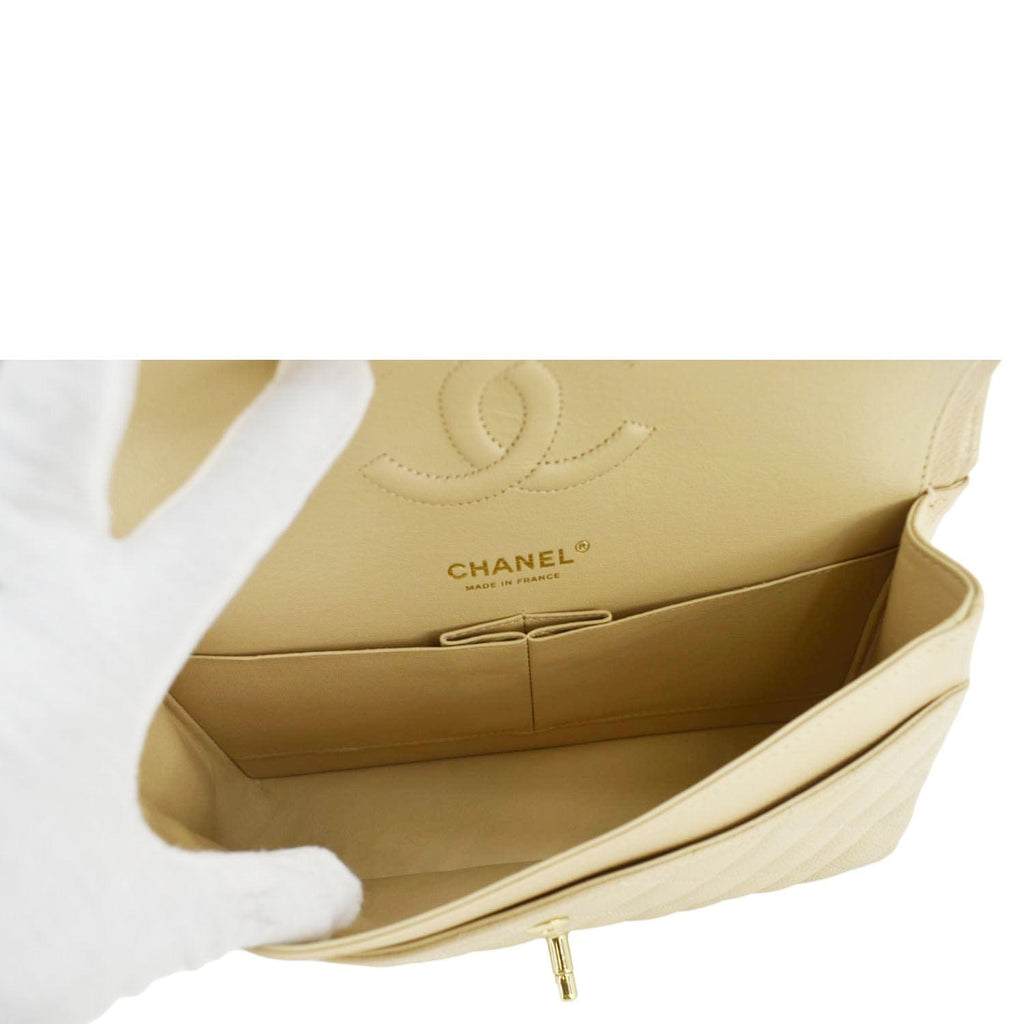 Chanel Double Flap Medium Quilted Caviar Leather Shoulder Bag Cream
