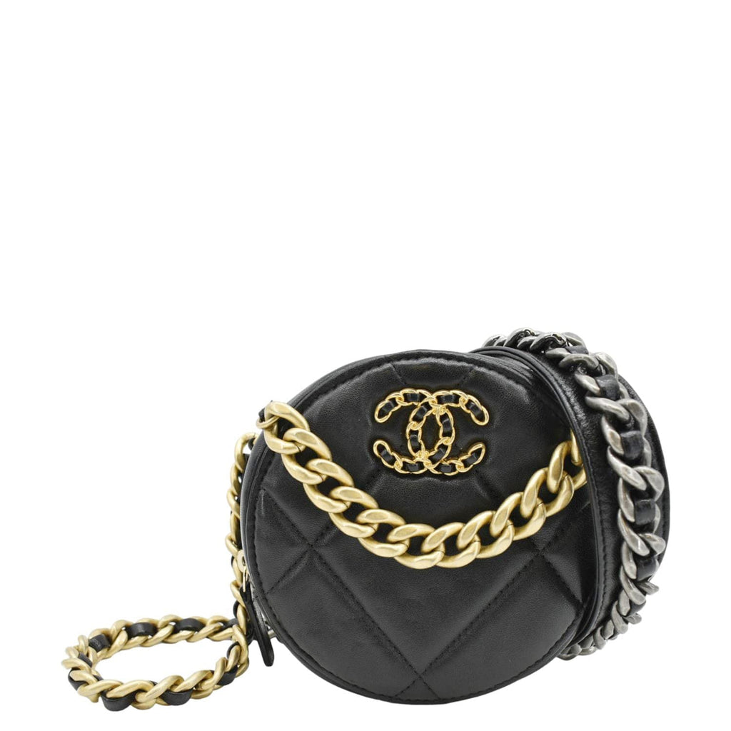 Chanel 19 Round Quilted Leather Clutch Crossbody Bag Black