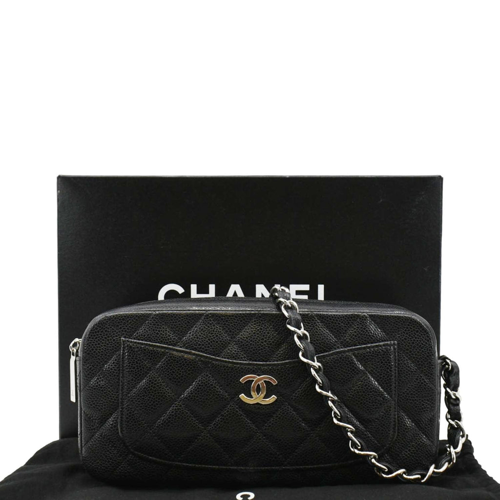 Chanel Front Pocket Quilted Caviar Leather Chain Shoulder Bag Black