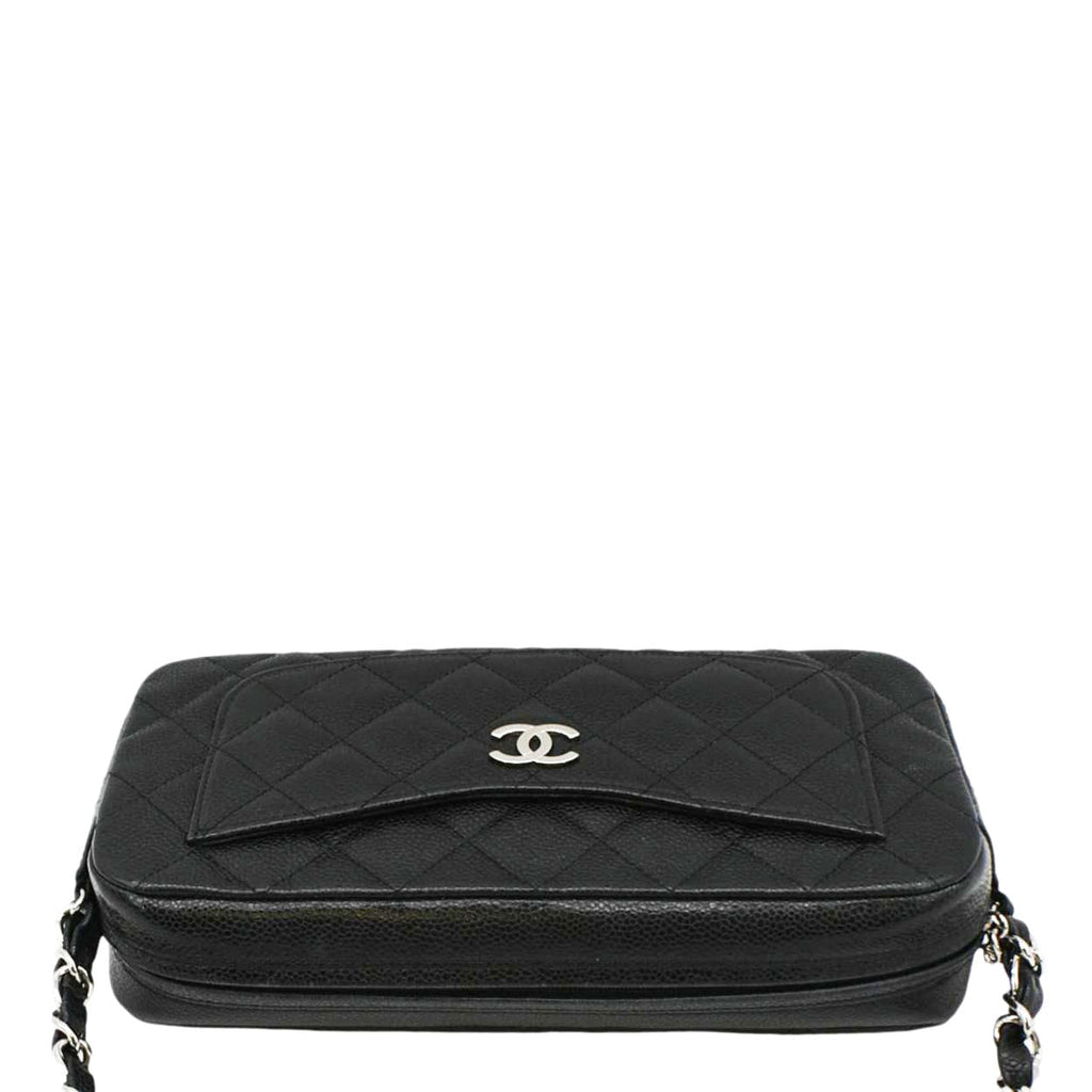 Chanel Front Pocket Quilted Caviar Leather Chain Shoulder Bag Black