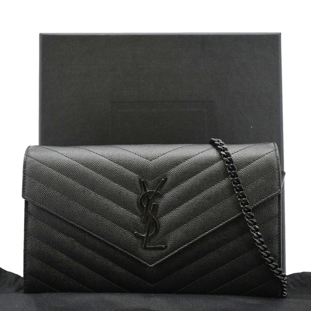 YVES SAINT LAURENT Cassandre Envelope Grain De Poudre Leather Chain Crossbody Bag Black