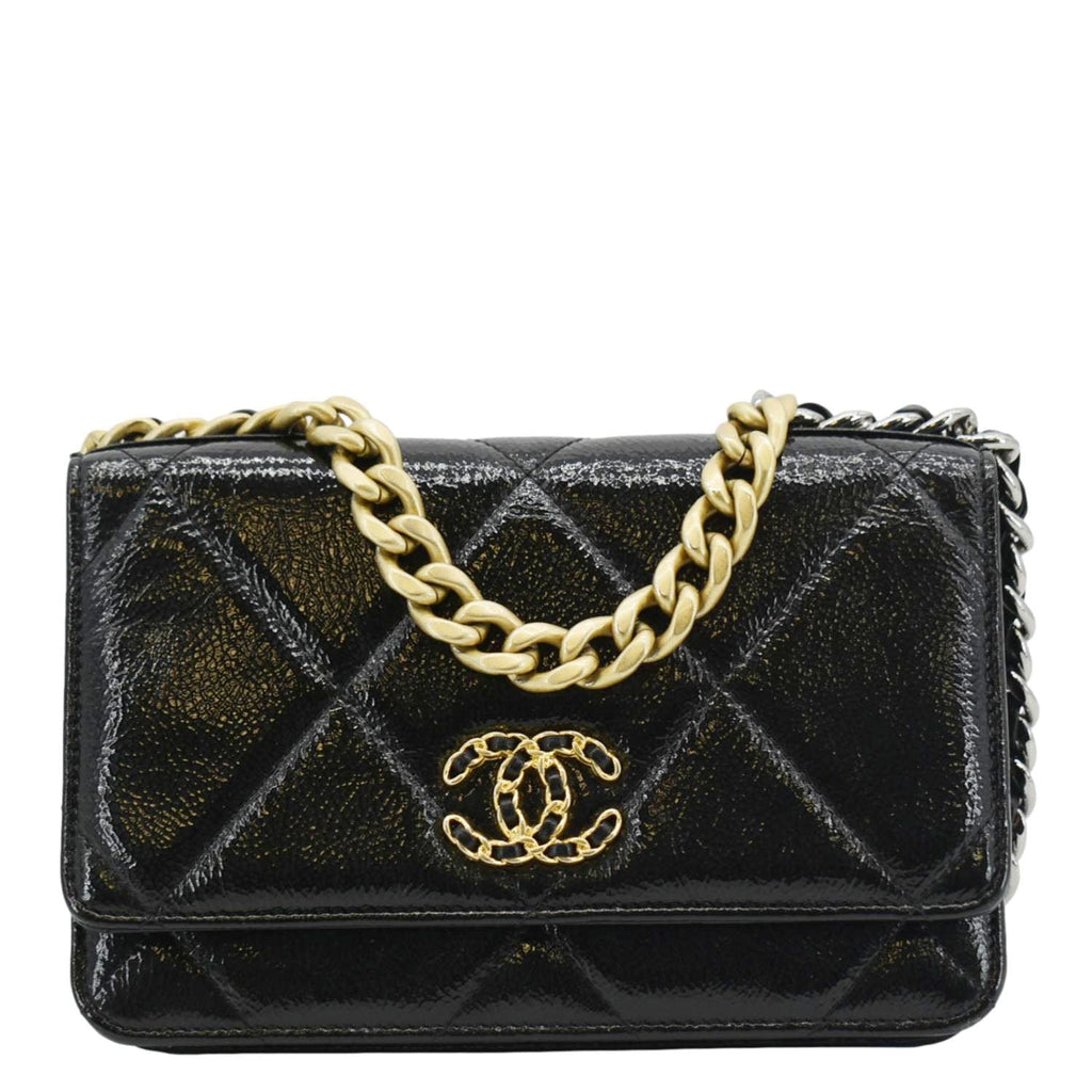 Chanel 19 CC WOC Quilted Shiny Leather Wallet On Chain Crossbody Bag Black
