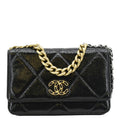 Chanel 19 CC WOC Quilted Shiny Leather Wallet On Chain Crossbody Bag Black