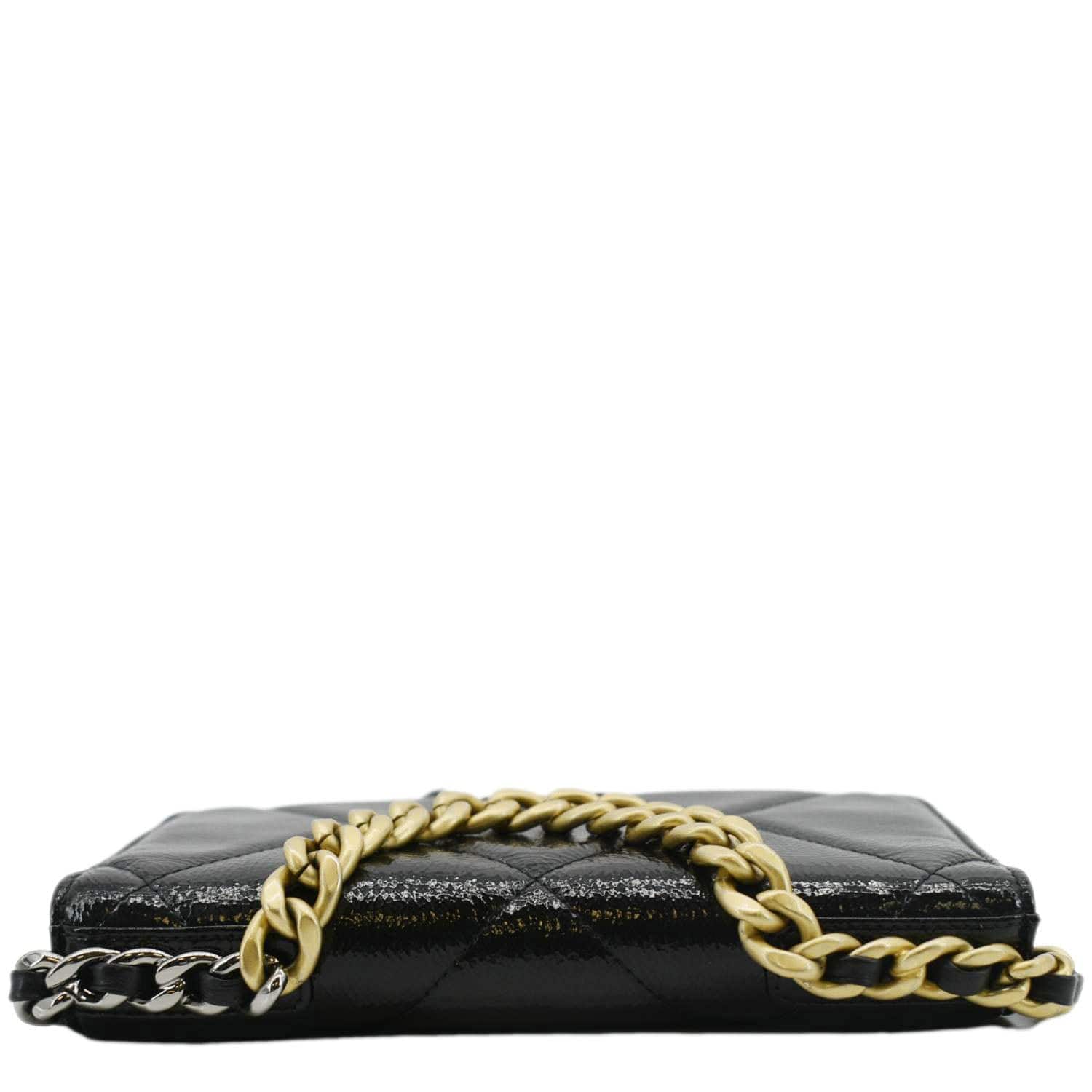 Chanel 19 CC WOC Quilted Shiny Leather Wallet On Chain Crossbody Bag Black