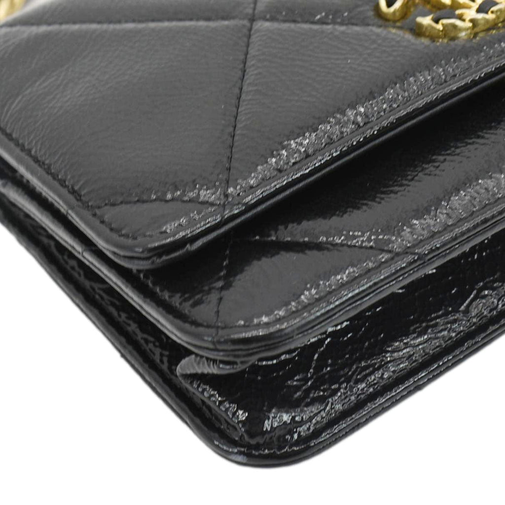 Chanel 19 CC WOC Quilted Shiny Leather Wallet On Chain Crossbody Bag Black