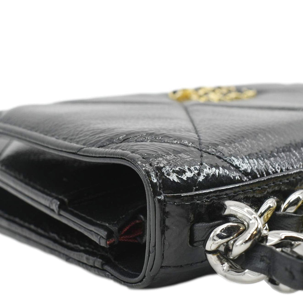 Chanel 19 CC WOC Quilted Shiny Leather Wallet On Chain Crossbody Bag Black