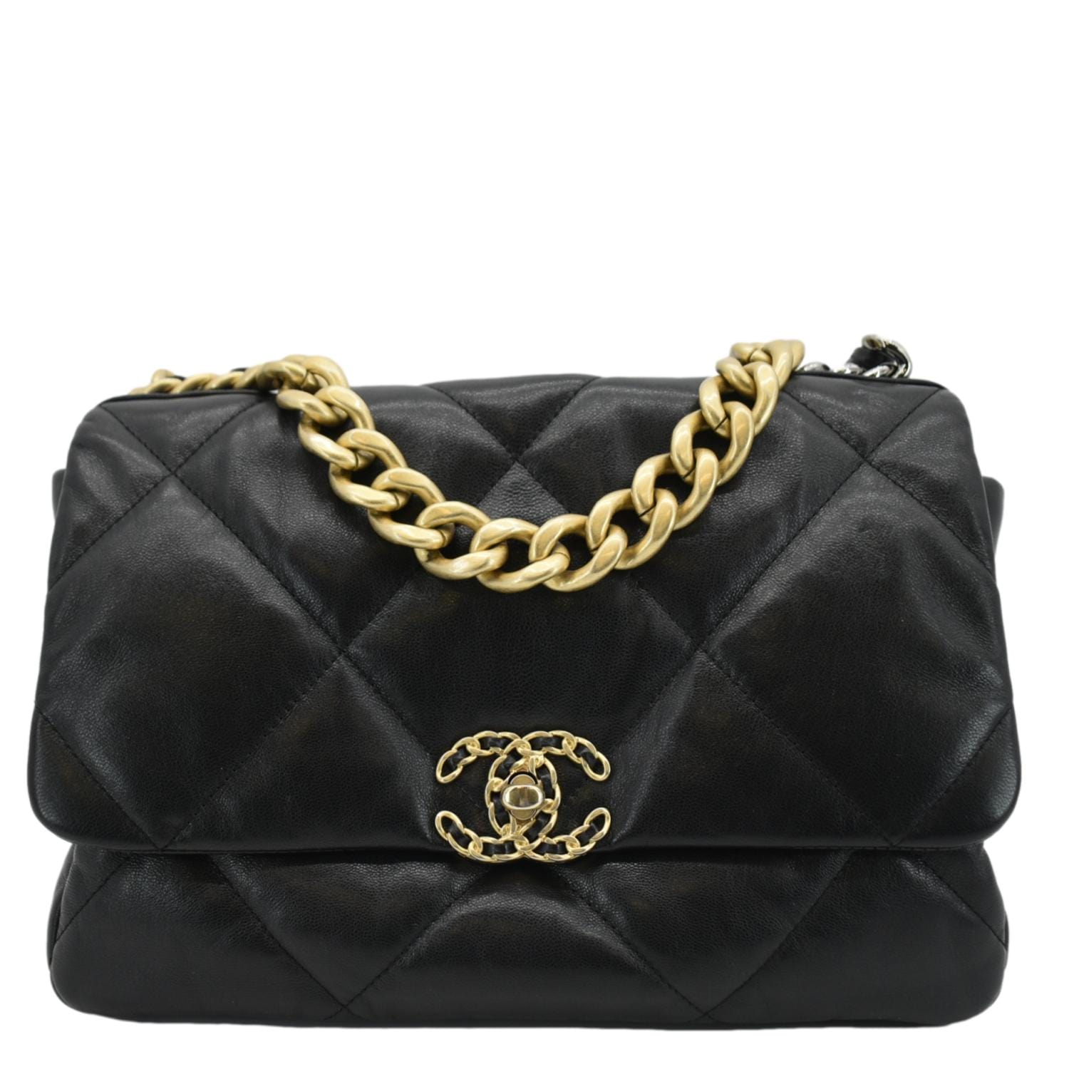 Chanel 19 Flap Quilted Lambskin Leather Shoulder Bag Black