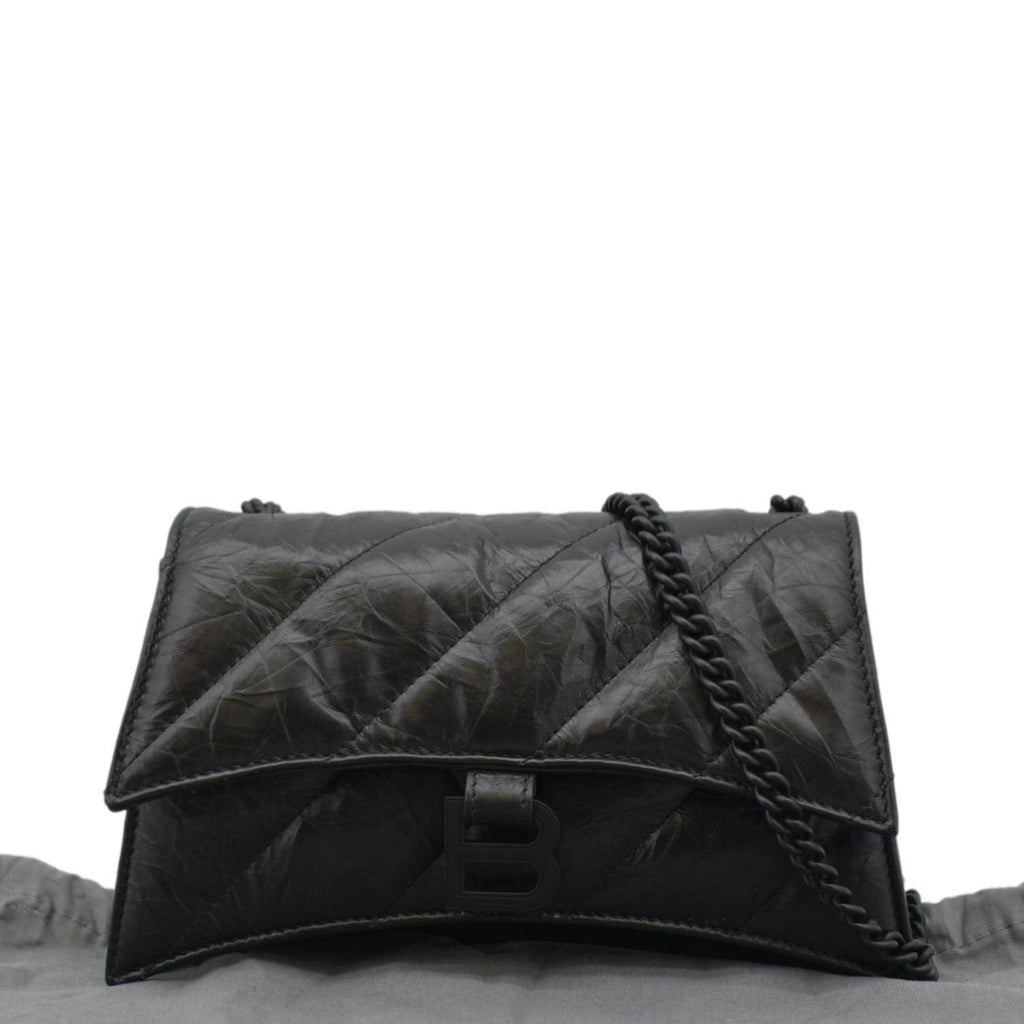BALENCIAGA Hourglass Crushed Leather Chain Wallet Shoulder Bag Black