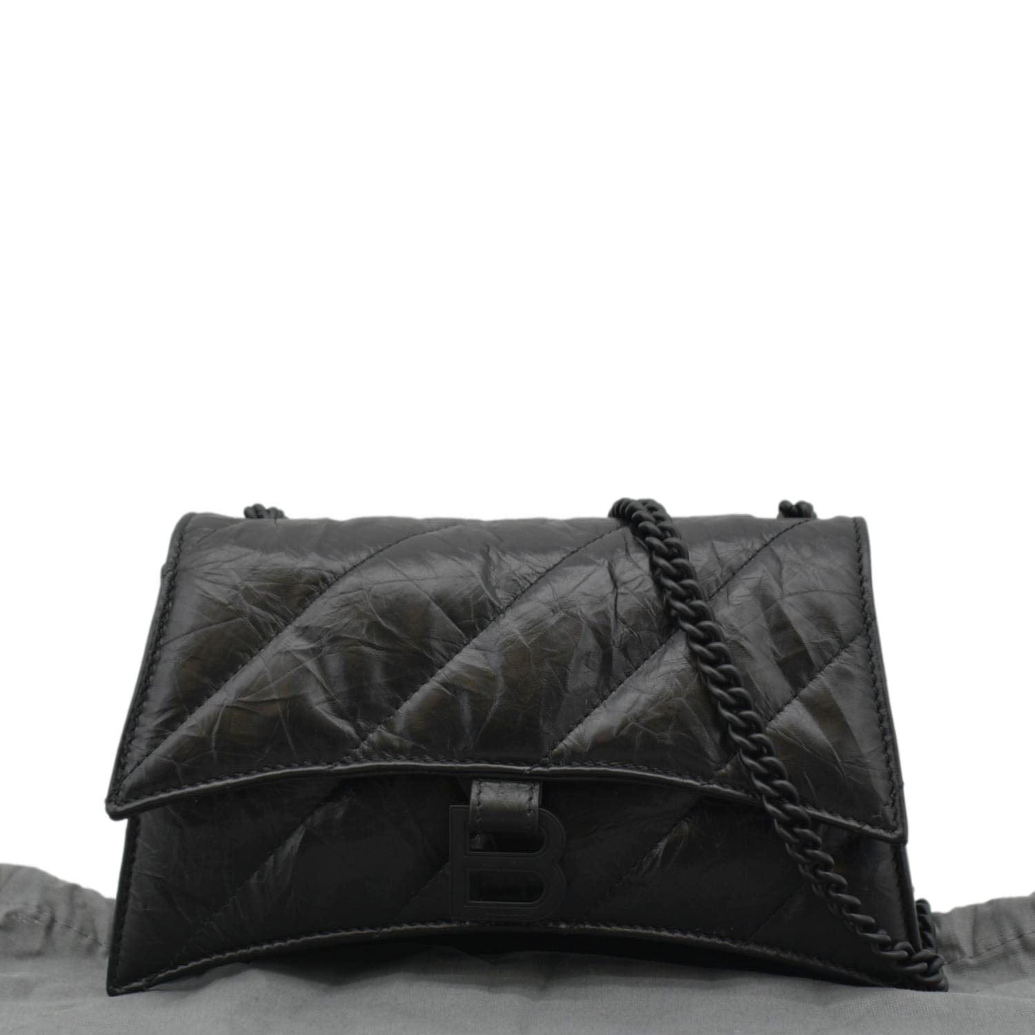 BALENCIAGA Hourglass Crushed Leather Chain Wallet Shoulder Bag Black