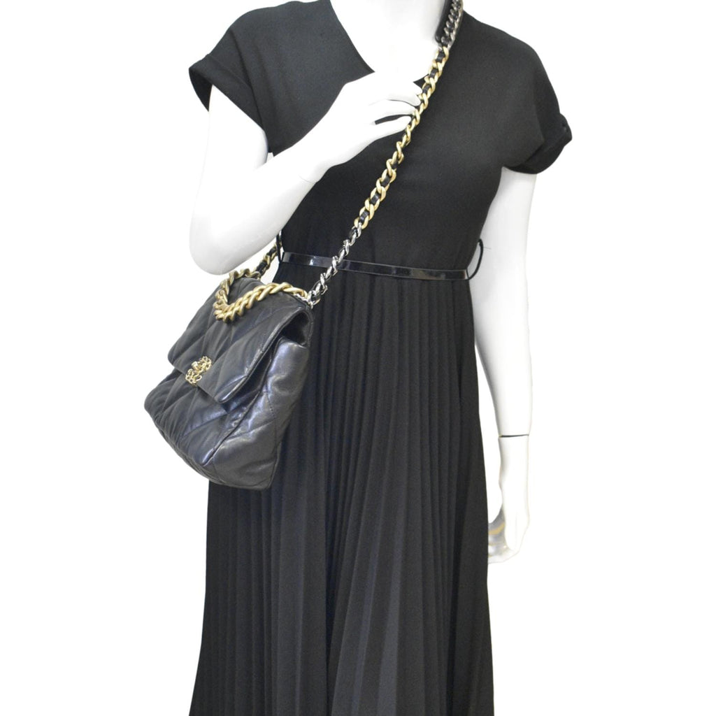 Chanel 19 Flap Quilted Lambskin Leather Shoulder Bag Black