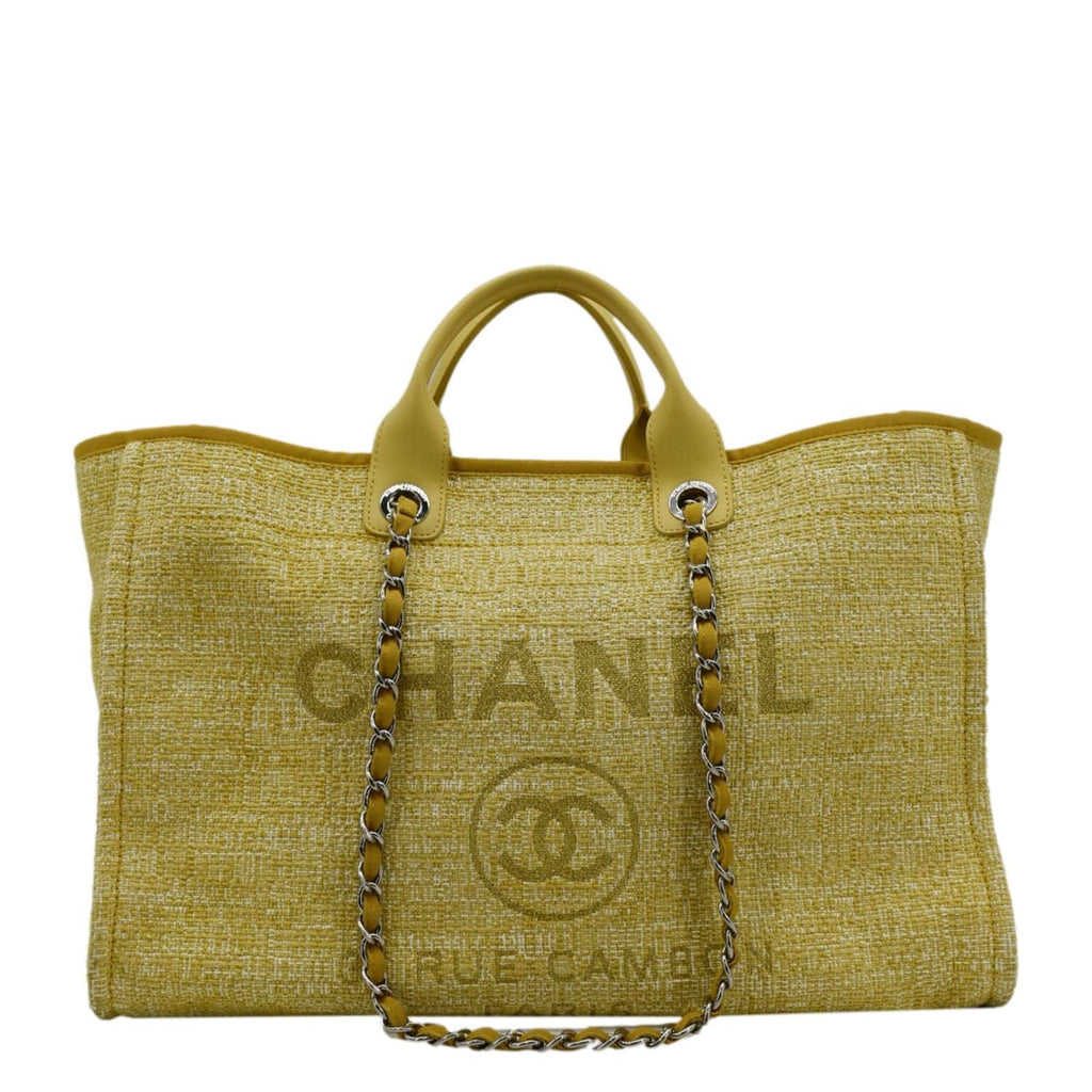 Chanel Deauville Tweed Canvas Shopping Tote Shoulder Bag Yellow