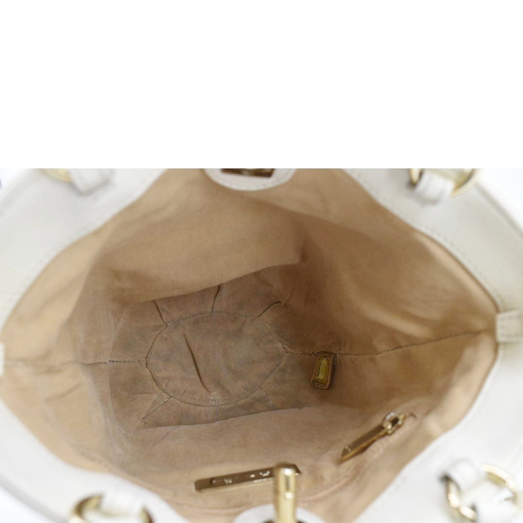 Chanel CC Lock Bucket Stitched Leather Tote Shoulder Bag Off White