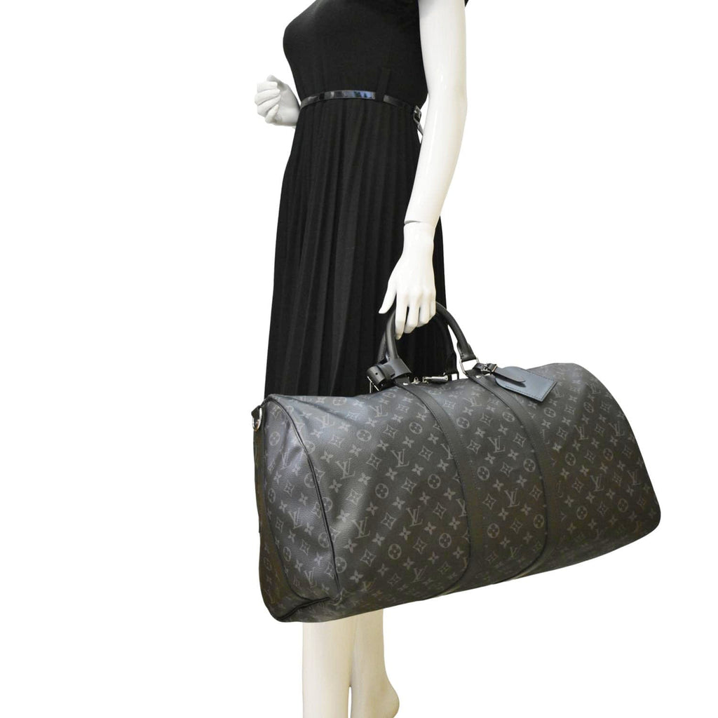 LOUIS VUITTON Keepall 55 Bandouliere Monogram Eclipse Travel Bag Black