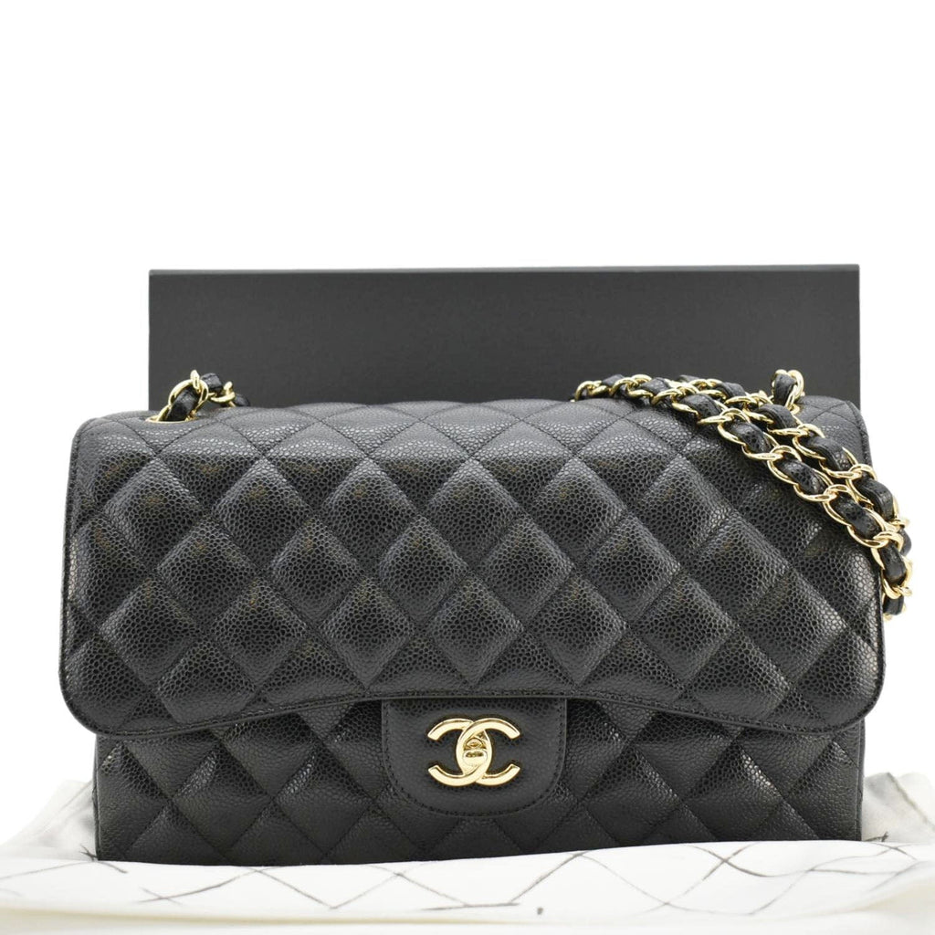 Chanel Classic Jumbo Double Flap Quilted Caviar Leather Shoulder Bag Black