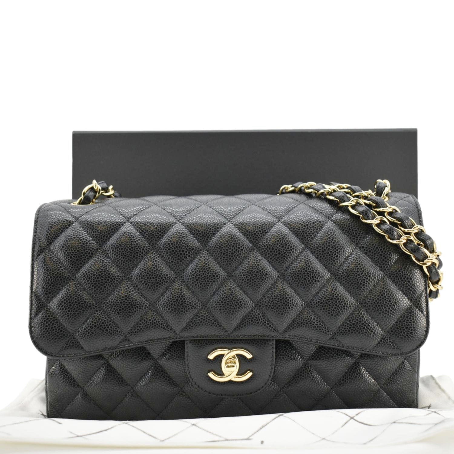 Chanel Classic Jumbo Double Flap Quilted Caviar Leather Shoulder Bag Black