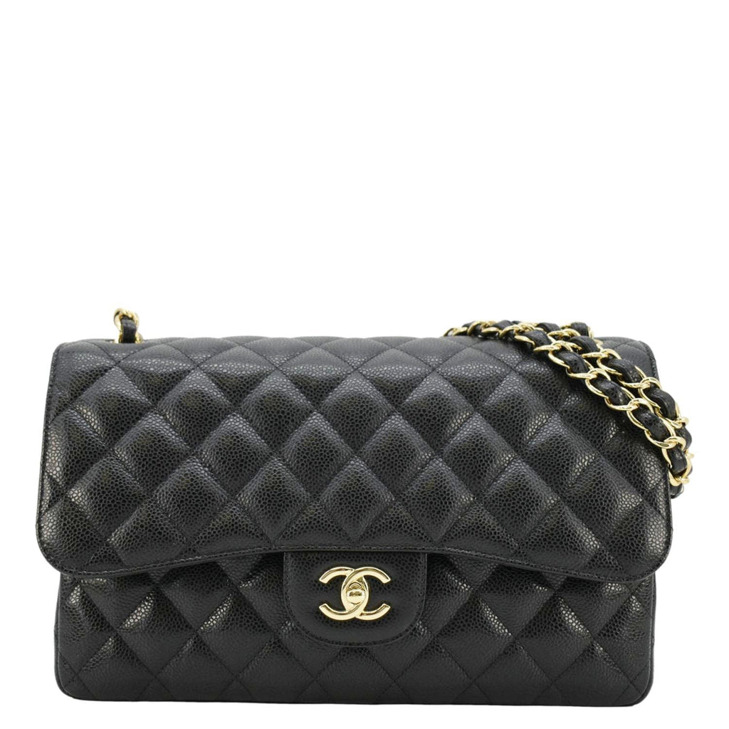 Chanel Classic Jumbo Double Flap Quilted Caviar Leather Shoulder Bag Black