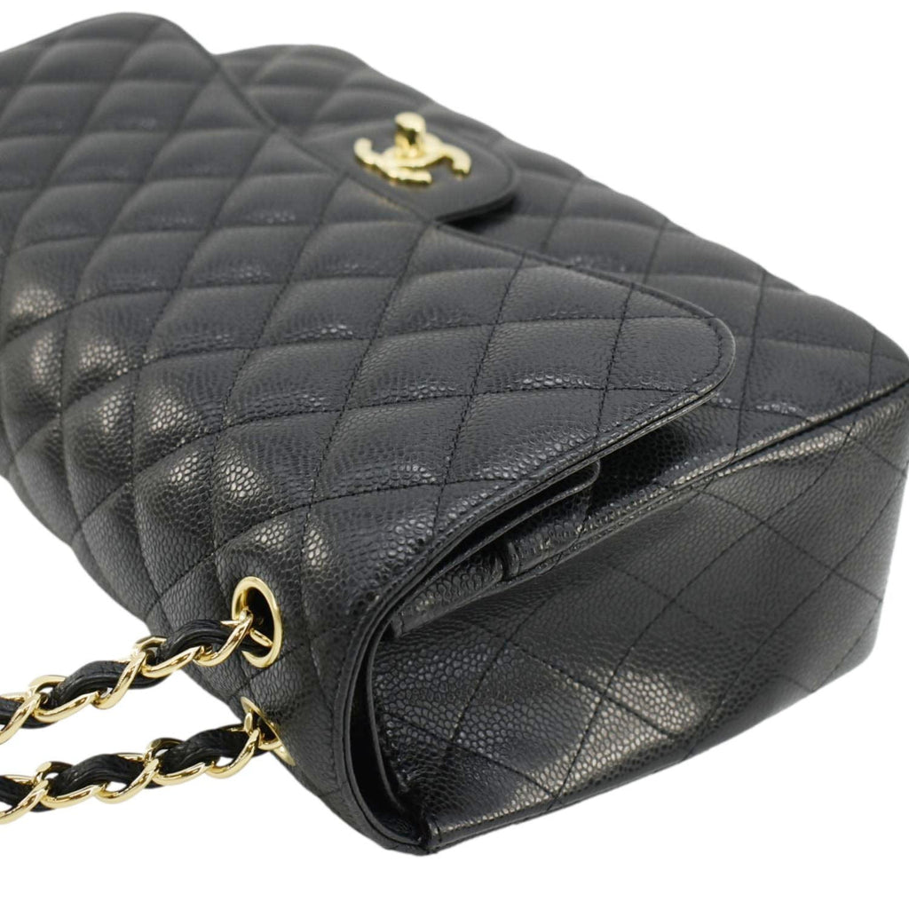 Chanel Classic Jumbo Double Flap Quilted Caviar Leather Shoulder Bag Black