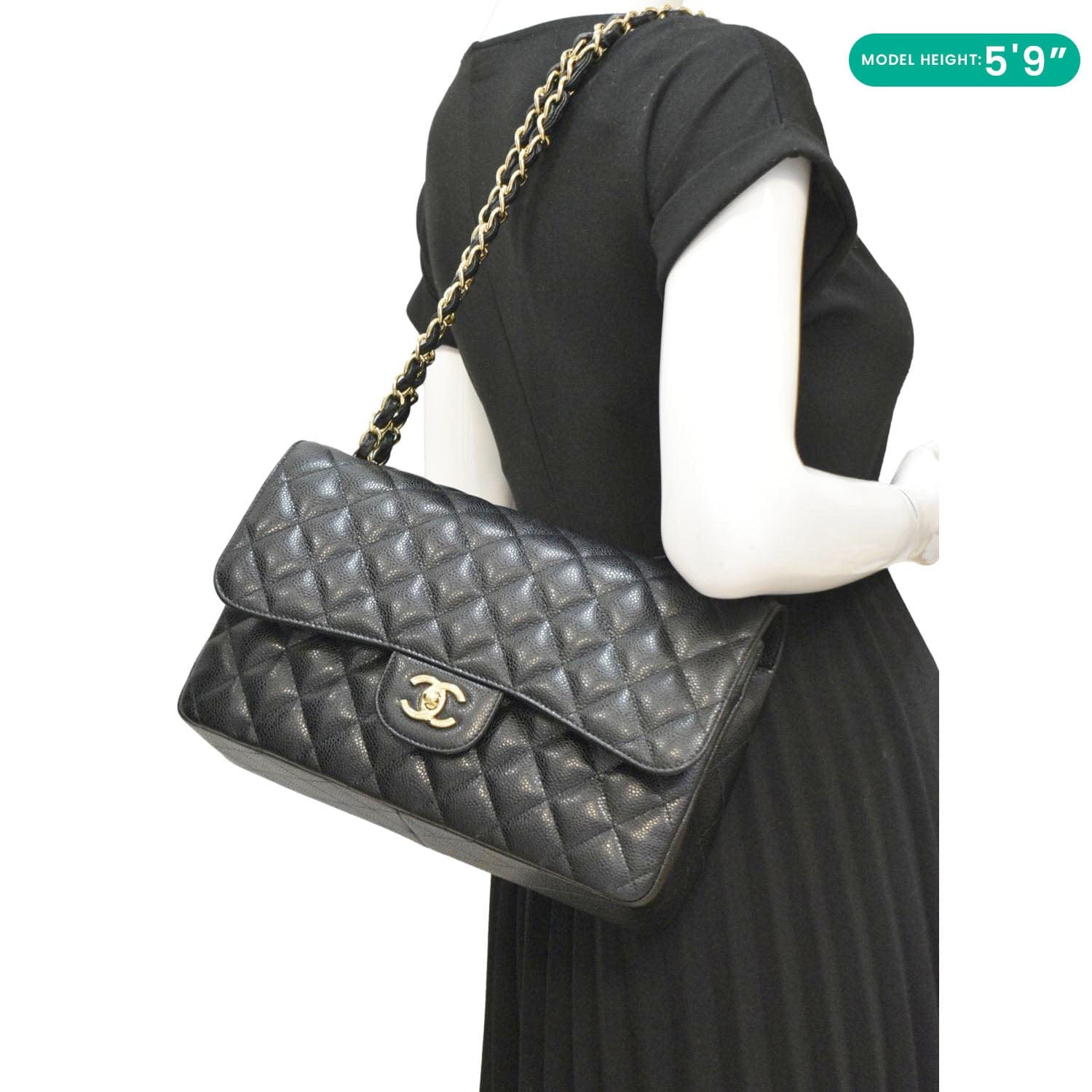 Chanel Classic Jumbo Double Flap Quilted Caviar Leather Shoulder Bag Black