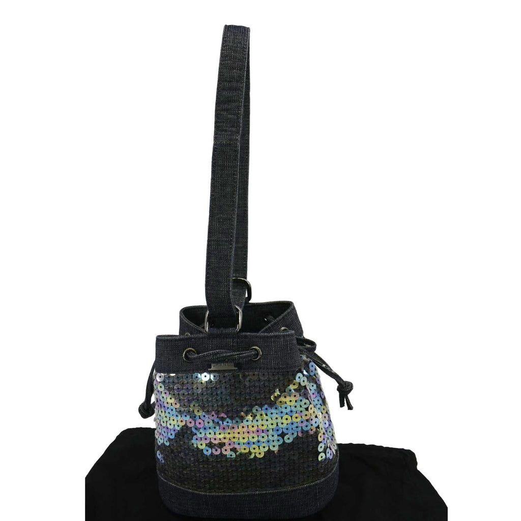 Chanel Sequin Denim Small Drawstring Bucket Bag Blue