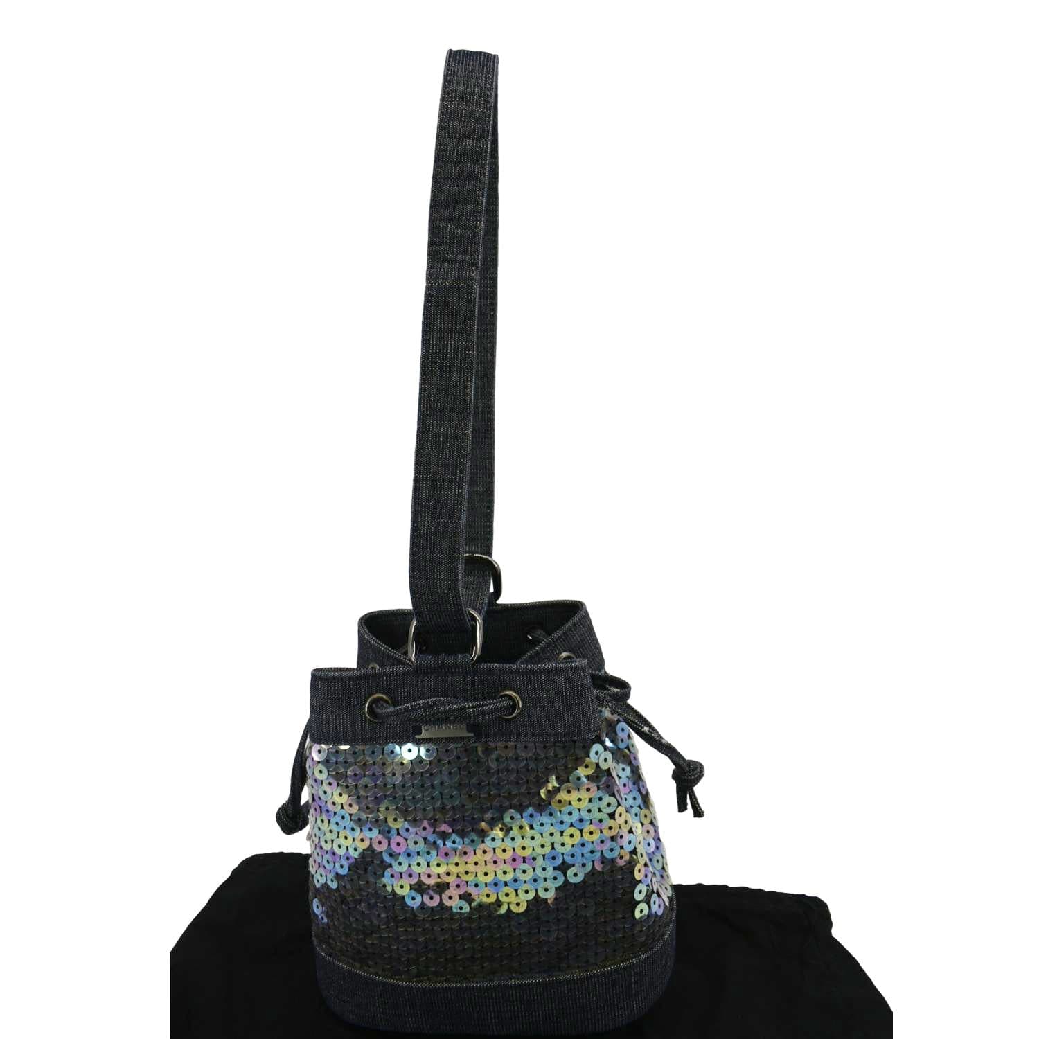 Chanel Sequin Denim Small Drawstring Bucket Bag Blue