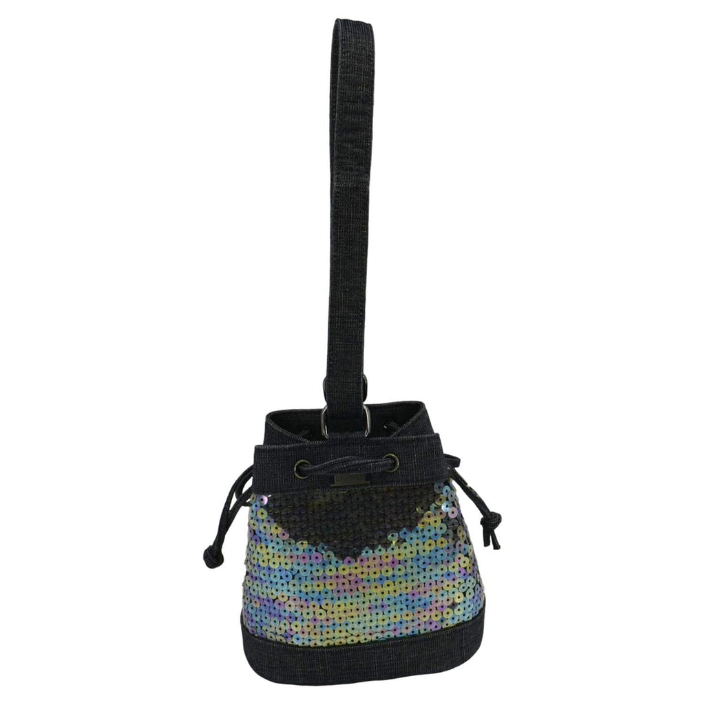 Chanel Sequin Denim Small Drawstring Bucket Bag Blue
