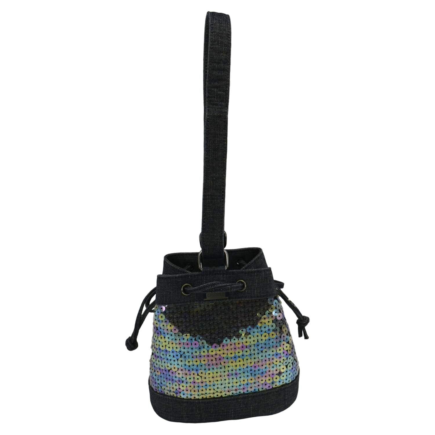 Chanel Sequin Denim Small Drawstring Bucket Bag Blue