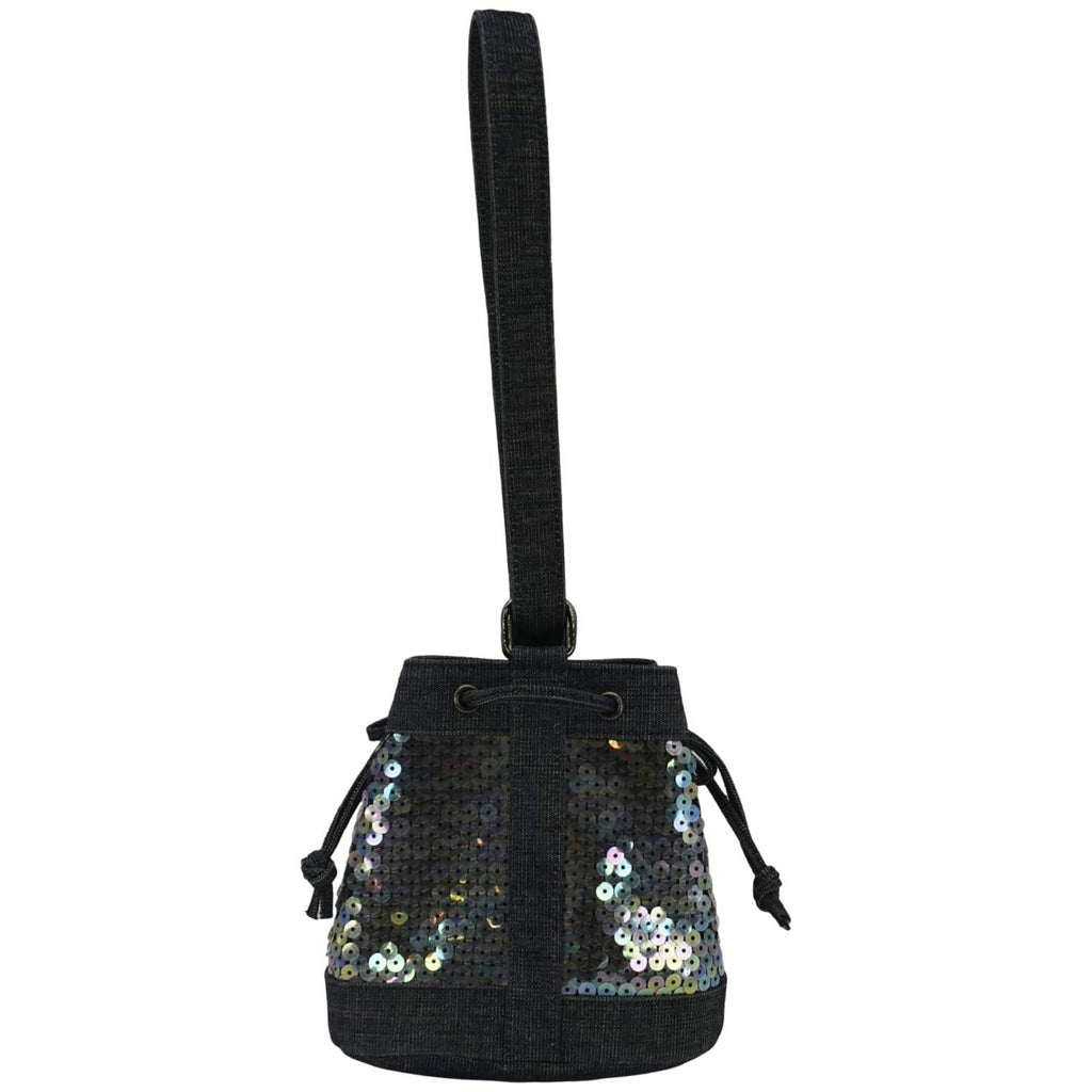 Chanel Sequin Denim Small Drawstring Bucket Bag Blue